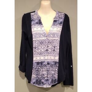 Lucky Brand V-Neck Tab Sleeve‎ Top, Blues & White, Size M